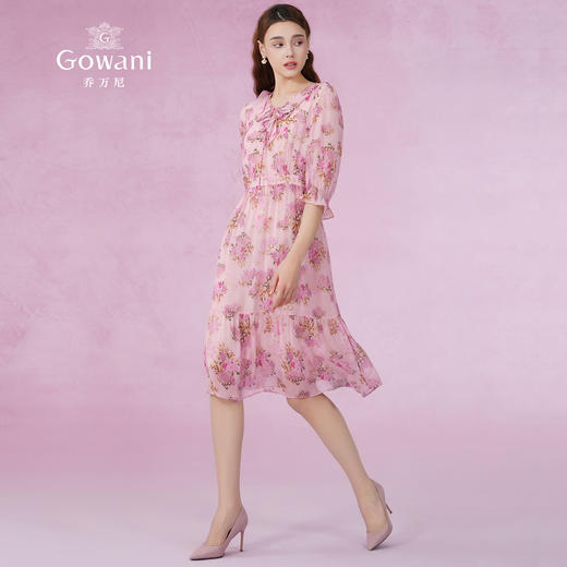 乔万尼夏季新品100%桑蚕丝印花乔其收腰真丝连衣裙EM2E840 商品图3