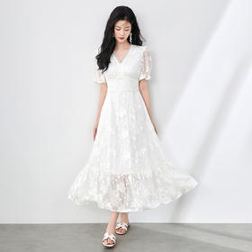 优雅知性氛围感文艺，重工刺绣V领连衣裙WLZD2506206