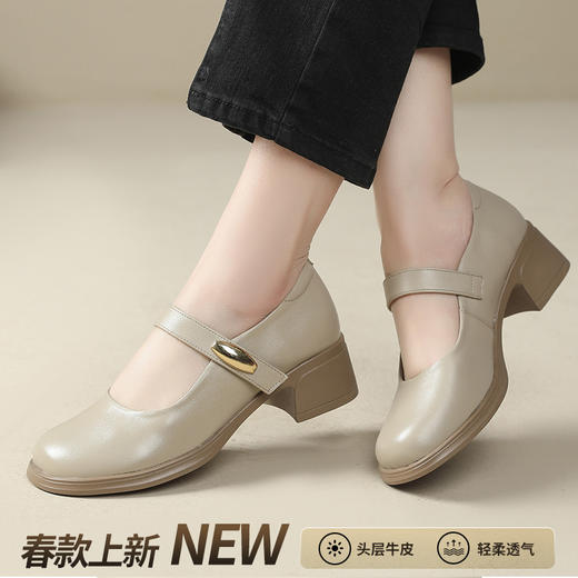 丁摩 春秋头层牛皮方头皮带扣中跟鞋女真皮粗跟软底复古玛丽珍单鞋5ZF-86560 商品图3