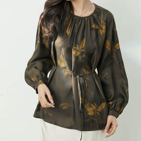 洛诗琳41539复古真丝印花衬衫2025夏季气质叶脉印花真丝上衣1192