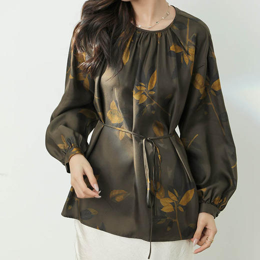 洛诗琳41539复古真丝印花衬衫2025夏季气质叶脉印花真丝上衣1192 商品图0