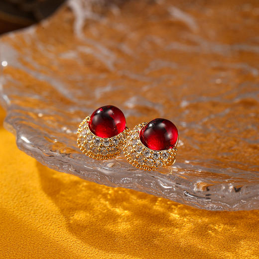 丁摩 红色新年耳环韩版轻奢锆石耳钉925银针高级感女精致耳饰5ZF-1274 商品图1