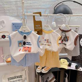 【格子T恤短裤套装，清凉百搭必备！】夏季新款百搭涂鸦 背心格子t恤短裤两件套 男女童套装 莱卡棉面料 舒适透气-QQ