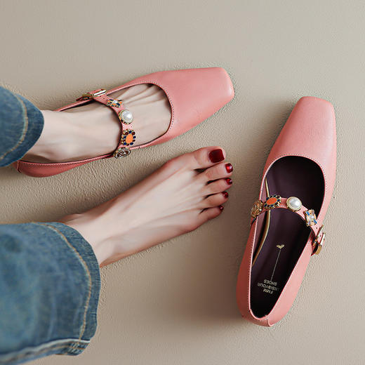 【预售5天】春日秘境~气质方头法式玛丽珍单鞋珍珠一字带浅口真皮单鞋HCYYHD&6042 商品图1