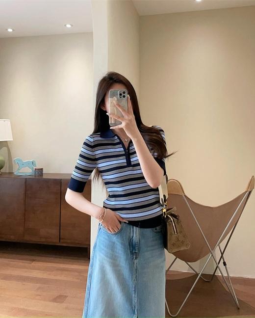 之禾同款复古撞色定位条纹莱赛尔精纺POLO衫短袖针织衫 商品图9