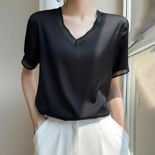 雀说 醋酸缎面短袖t恤女V领显瘦外穿小衫新款夏季宽松撞色大码半袖5ZF-4214 商品图2
