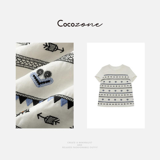 COCO ZONE 刘一一 【100亚麻】刺绣经典圆领透气T恤CD1A0772 商品图2