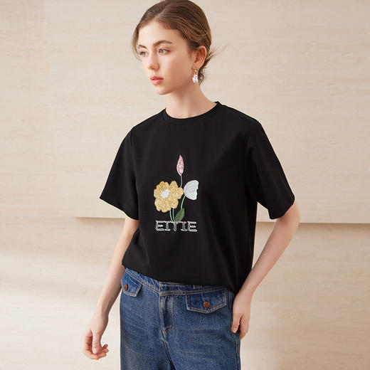 【彩色珠片绣花T恤】EITIE爱特爱休闲宽松短袖上衣夏季新款B2502606 商品图2