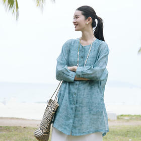 绽放旅行女装194朵/苎麻印花开襟轻薄透气落肩圆领九分袖防晒衫