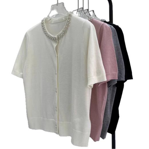 丁摩 春夏真丝羊毛小香风手工钉珠钻圆领短袖针织空调开衫上衣女5ZF-16153 商品图4