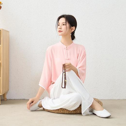 2025民族风新款棉麻禅服套装立领中袖上衣松紧腰长裤居士服8995 商品图1