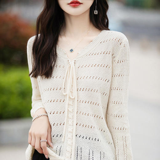 丁摩 春夏新款纯棉线镂空针织衫上衣女洋气小衫宽松显瘦薄款系带空调衫5ZF-115 商品图0