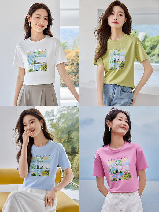 【五折购】莫奈联名熙世界油画印花白色T恤夏天新款百搭短袖凉感上衣 商品图2