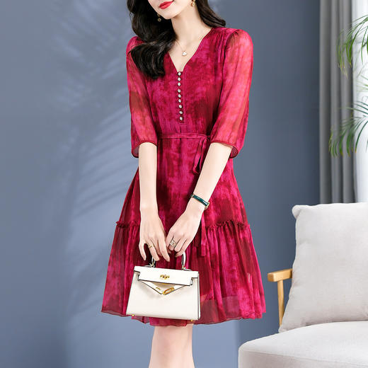 丁摩 V领单排扣晕染真丝短裙桑蚕丝连衣裙5ZF-75039 商品图2