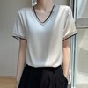 雀说 醋酸缎面短袖t恤女V领显瘦外穿小衫新款夏季宽松撞色大码半袖5ZF-4214 商品缩略图1