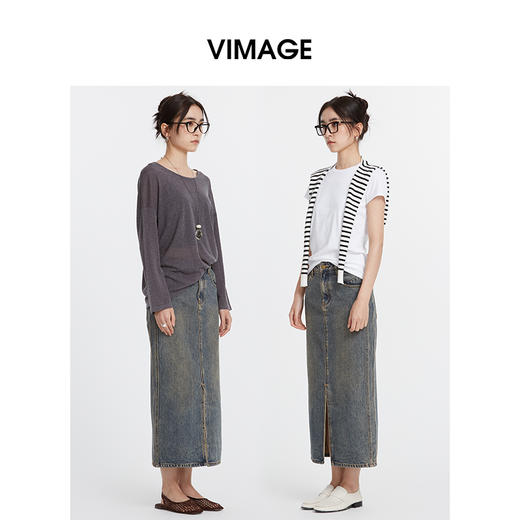 VIMAGE纬漫纪秋季新款牛仔裙中长款女包臀开叉高腰半身裙V2006608 商品图1