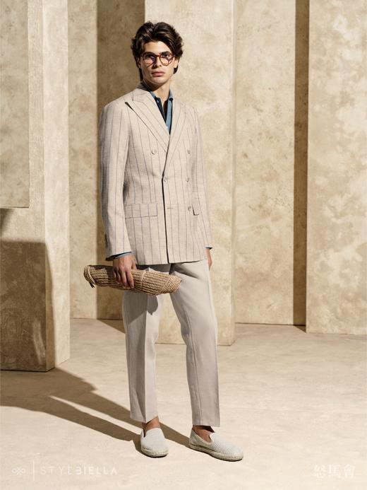 Stylbiella 36%棉35%亚麻21%羊毛4%蚕丝2%锦纶2%弹力纤维米色宽条纹全麻衬单西 商品图0