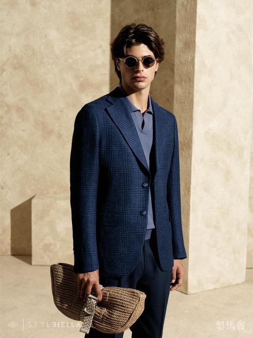 Stylbiella 58%羊毛42%亚麻牛仔蓝亲王格全麻衬单西 商品图0