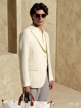 Stylbiella 58%羊毛42%亚麻白色宽条纹全麻衬单西