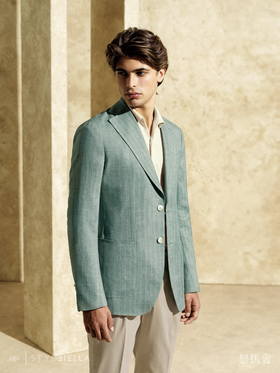 Stylbiella 法国亚麻水绿色条纹全麻衬单西