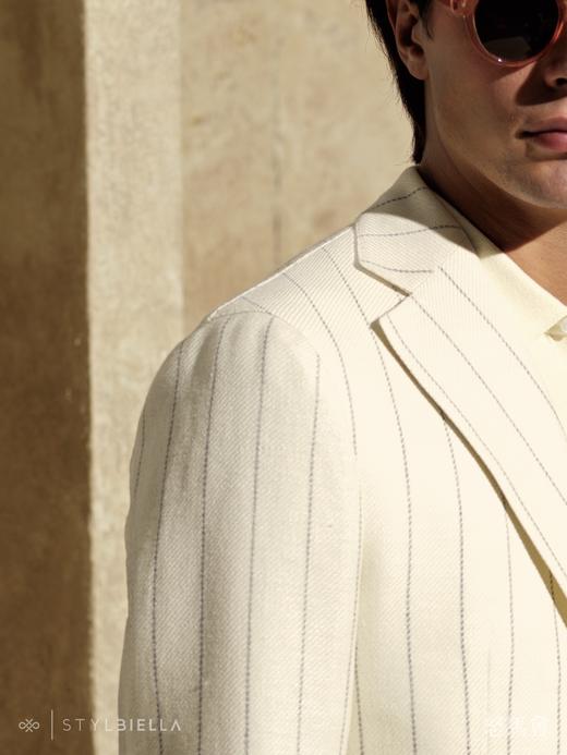 Stylbiella 58%羊毛42%亚麻白色宽条纹全麻衬单西 商品图1