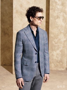 Stylbiella 60%亚麻40%羊毛蓝紫亲王格全麻衬单西