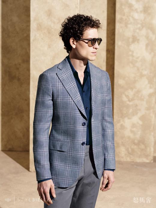 Stylbiella 60%亚麻40%羊毛蓝紫亲王格全麻衬单西 商品图0