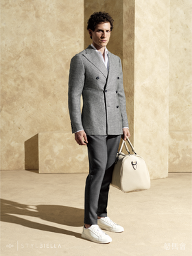 Stylbiella 58%羊毛42%亚麻灰白千鸟格全麻衬单西