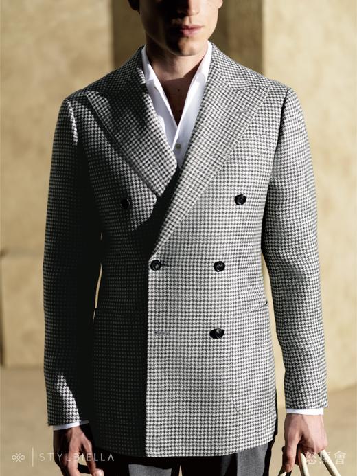 Stylbiella 58%羊毛42%亚麻灰白千鸟格全麻衬单西 商品图1