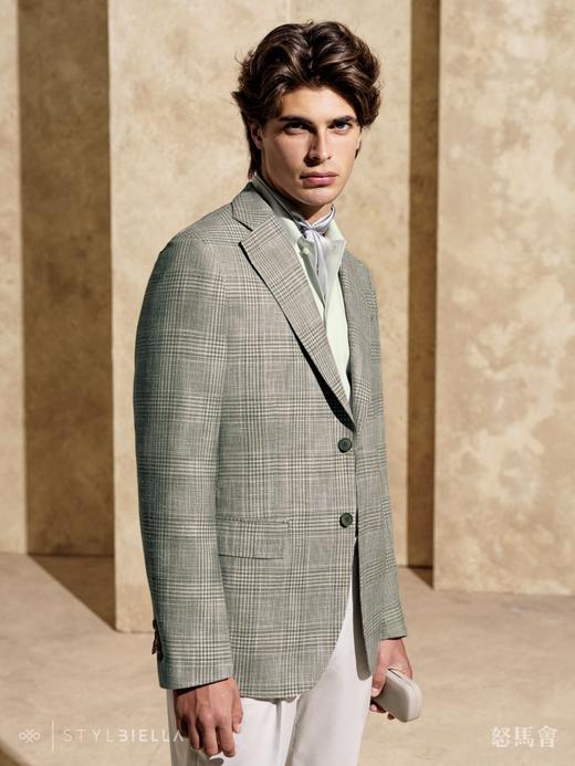 Stylbiella 62%羊毛18%蚕丝18%棉2%锦纶绿米亲王格全麻衬单西 商品图0