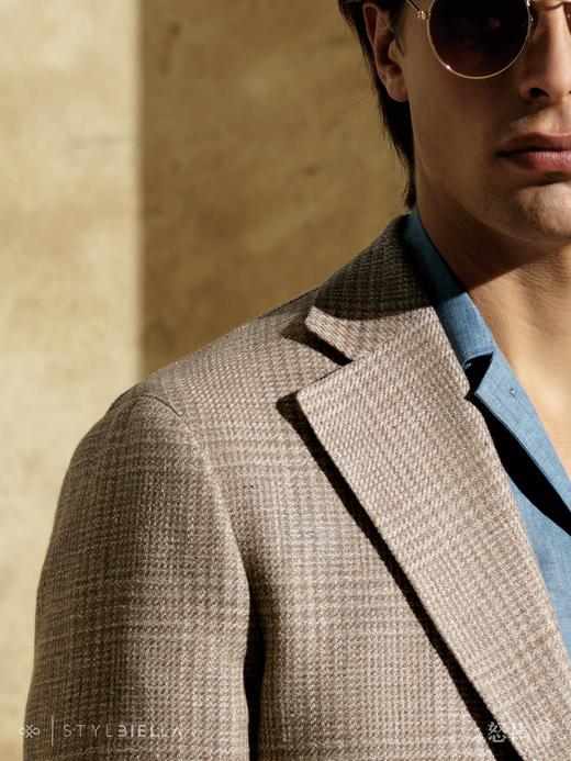 Stylbiella 58%羊毛42%亚麻中褐色亲王格全麻衬单西 商品图1