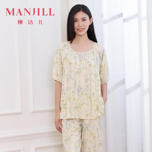 【商场同款】熳洁儿 夏季女士家居服棉莫圆领七分裤套装植物花卉25203232 商品图0