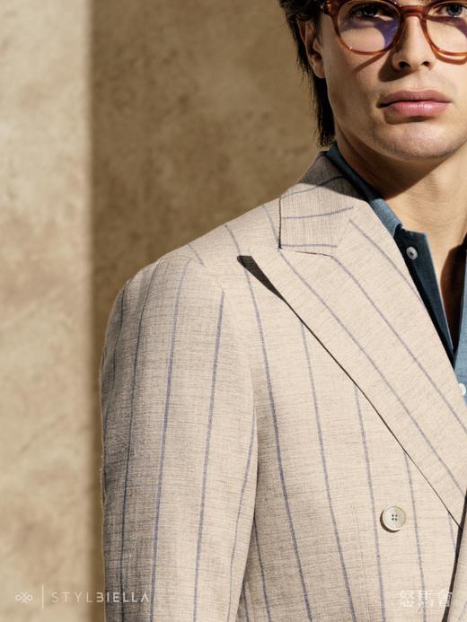 Stylbiella 36%棉35%亚麻21%羊毛4%蚕丝2%锦纶2%弹力纤维米色宽条纹全麻衬单西 商品图1