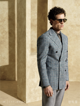 Stylbiella 38%棉33%亚麻29%羊毛蓝棕亲王格全麻衬单西