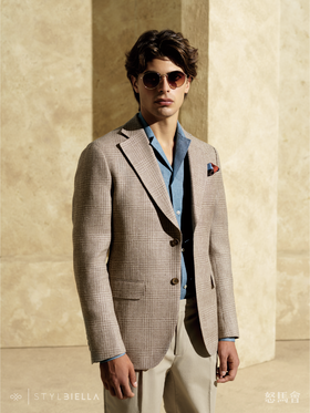 Stylbiella 58%羊毛42%亚麻中褐色亲王格全麻衬单西