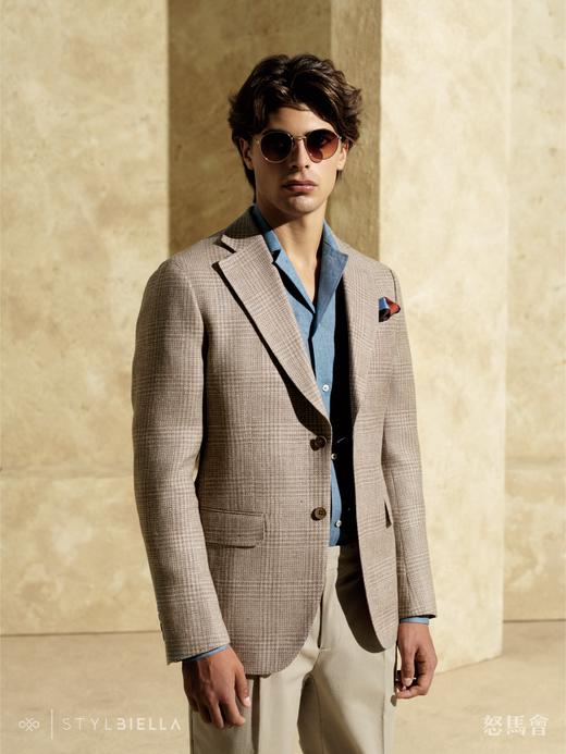 Stylbiella 58%羊毛42%亚麻中褐色亲王格全麻衬单西 商品图0