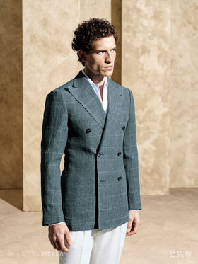 Stylbiella 法国亚麻水蓝色窗格纹全麻衬单西