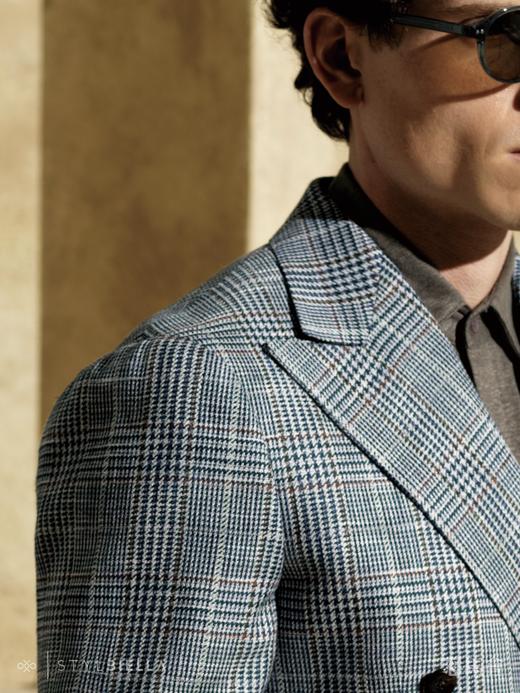 Stylbiella 38%棉33%亚麻29%羊毛蓝棕亲王格全麻衬单西 商品图1