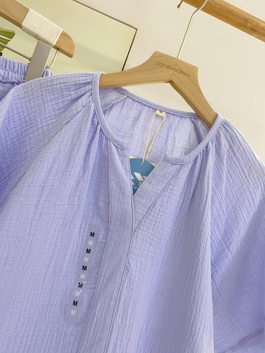 松植屋女士纯色全棉绉布短袖长裤套装女款纱布睡衣家居服 商品图1