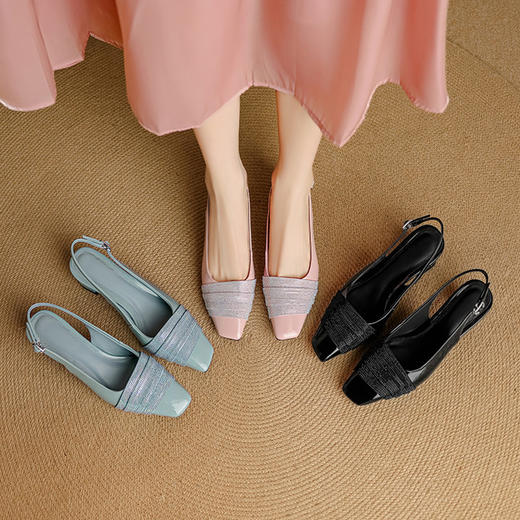 【预售5天】羊漆皮！绝美法式粗跟后空凉鞋女新款方头后绊带包头凉鞋真皮NJMK&K1575 商品图3