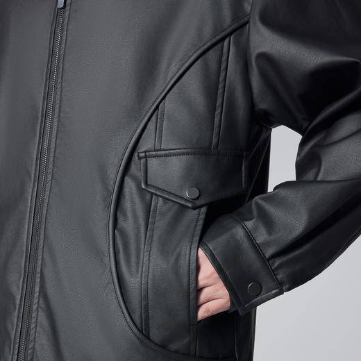 墨麦客男装洗水PU皮翻领夹克男2024秋新款简约纯色男士外套81221 商品图3