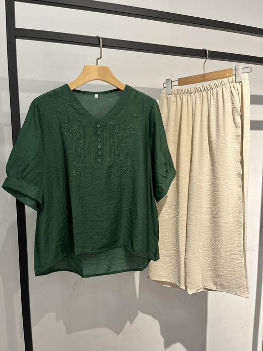 【YW】无忧购中年妈妈百搭刺绣上衣+裤子休闲舒适透气天丝麻套装623(截单后7天发货) 商品图2