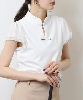 CECIL McBEE green 高尔夫女士 薄纱小飞袖立领盘扣短袖 速干运动T恤