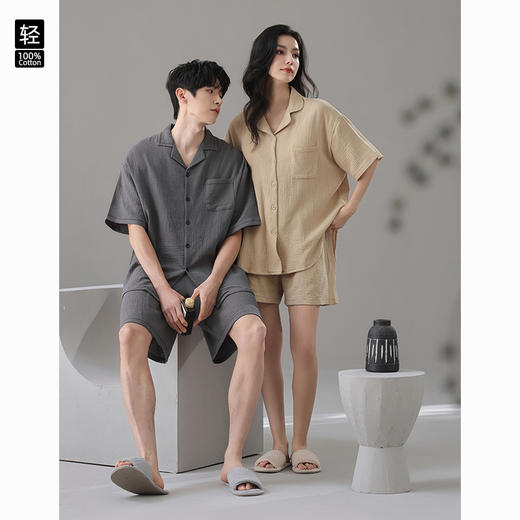 雀说【A类双层纱】婴儿棉春夏情侣睡衣棉纱短袖宽松款女胸垫家居服AL6300 商品图0