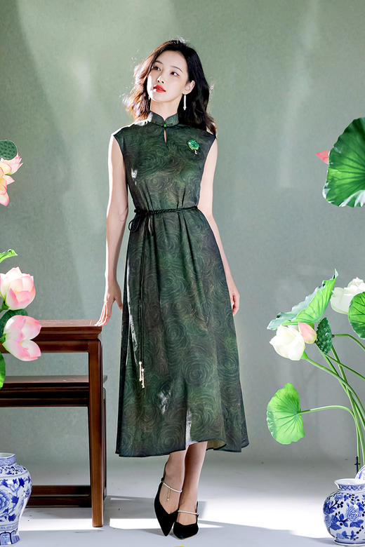 逸红颜明月优选#金绫缎连衣裙「绿玫瑰」江南烟雨入画来的自然美，赠送腰带 商品图6