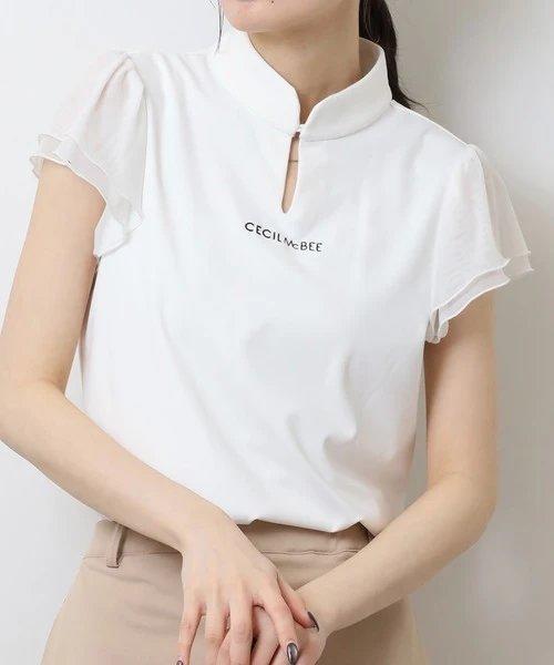 CECIL McBEE green 高尔夫女士 薄纱小飞袖立领盘扣短袖 速干运动T恤 商品图4