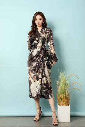 ANSUABEL 中式水墨印花光泽感醋酸连衣裙 18185