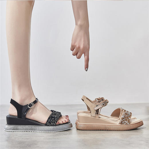 ZHR坡跟凉鞋女款2022年夏季新款平底网红超火厚底水钻时装松糕鞋 商品图2