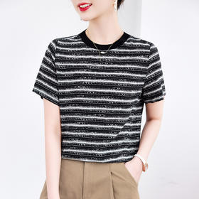 丁摩时尚高端双绉重磅真丝上衣女短袖新款桑蚕丝条纹显瘦T恤AL