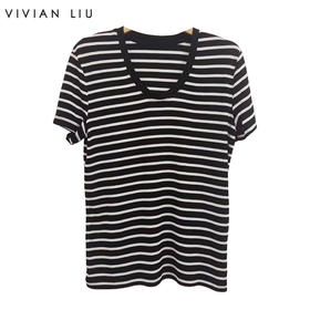 VIVIAN LIU薇薇安刘C2537302夏女装新款大U领针织条纹半袖